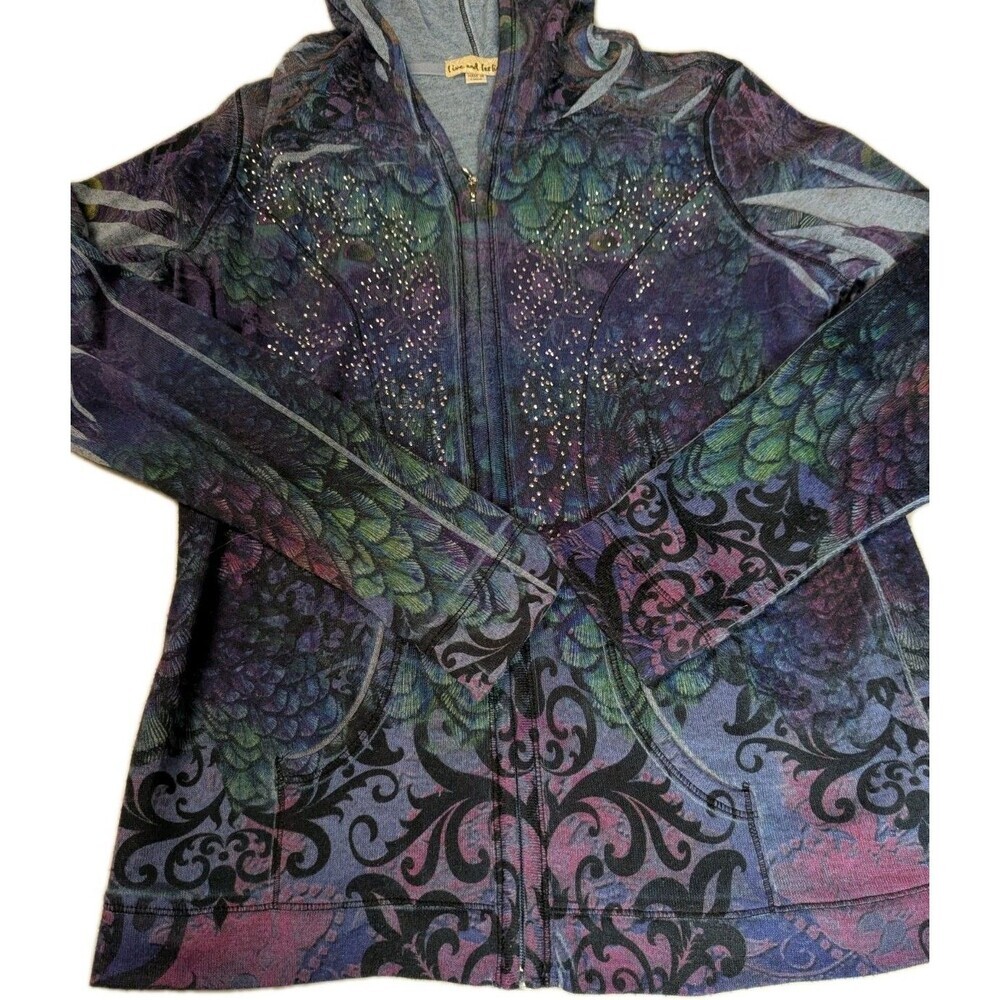 Live and Let Live Peacock Print Rhinestone Zip Up Hoodie Jacket Boho Large - Picture 12 of 14